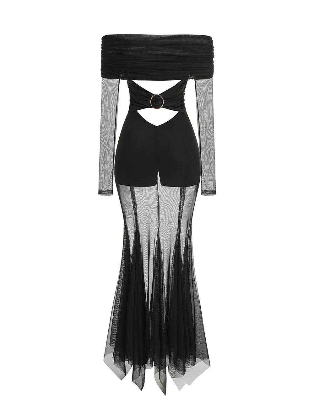 Off The Shoulder Mesh Perspective Long Sleeve dress - REBECATHELABEL