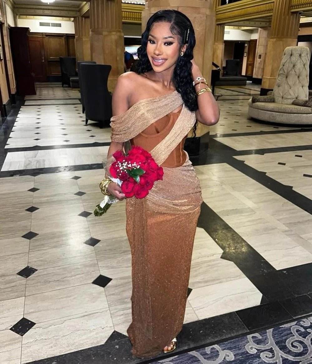 One Shoulder Sleeveless Gold Drop Tight Long Dress - REBECATHELABEL