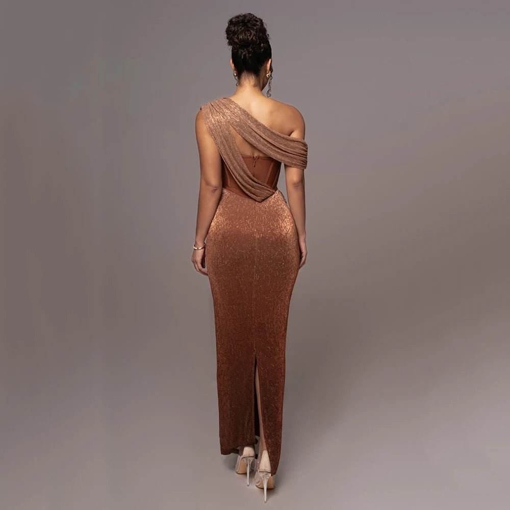 One Shoulder Sleeveless Gold Drop Tight Long Dress - REBECATHELABEL