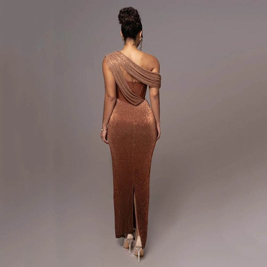 One Shoulder Sleeveless Gold Drop Tight Long Dress - REBECATHELABEL