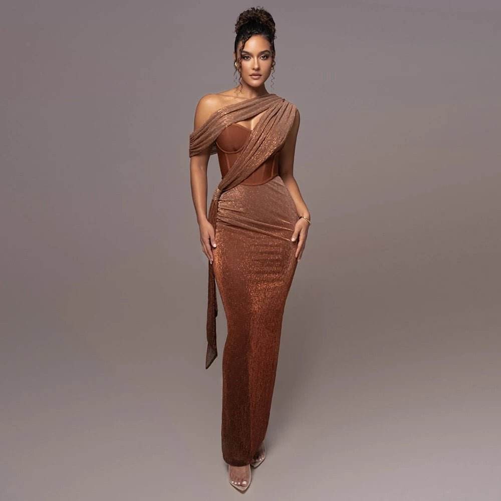 One Shoulder Sleeveless Gold Drop Tight Long Dress - REBECATHELABEL