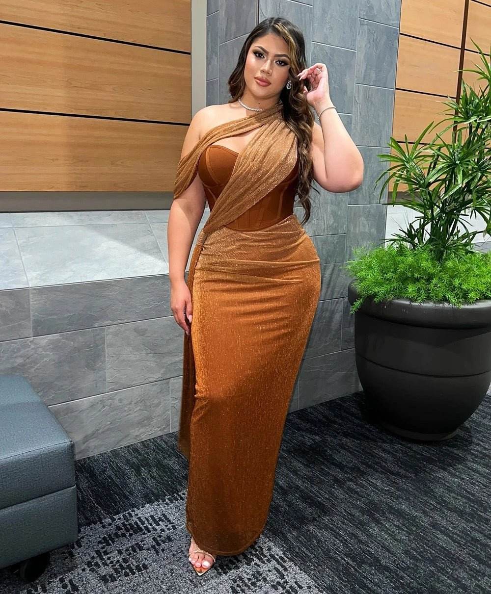 One Shoulder Sleeveless Gold Drop Tight Long Dress - REBECATHELABEL