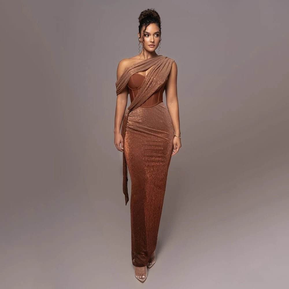 One Shoulder Sleeveless Gold Drop Tight Long Dress - REBECATHELABEL
