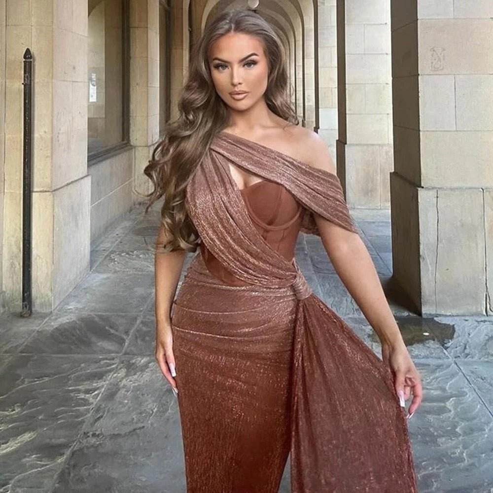 One Shoulder Sleeveless Gold Drop Tight Long Dress - REBECATHELABEL