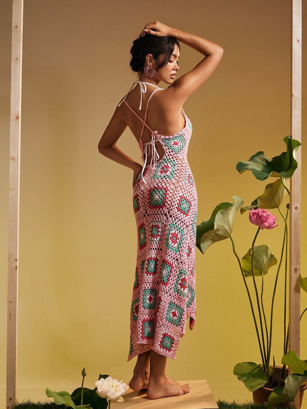 Open Back Hollow Knitted Midi Dress - REBECATHELABEL