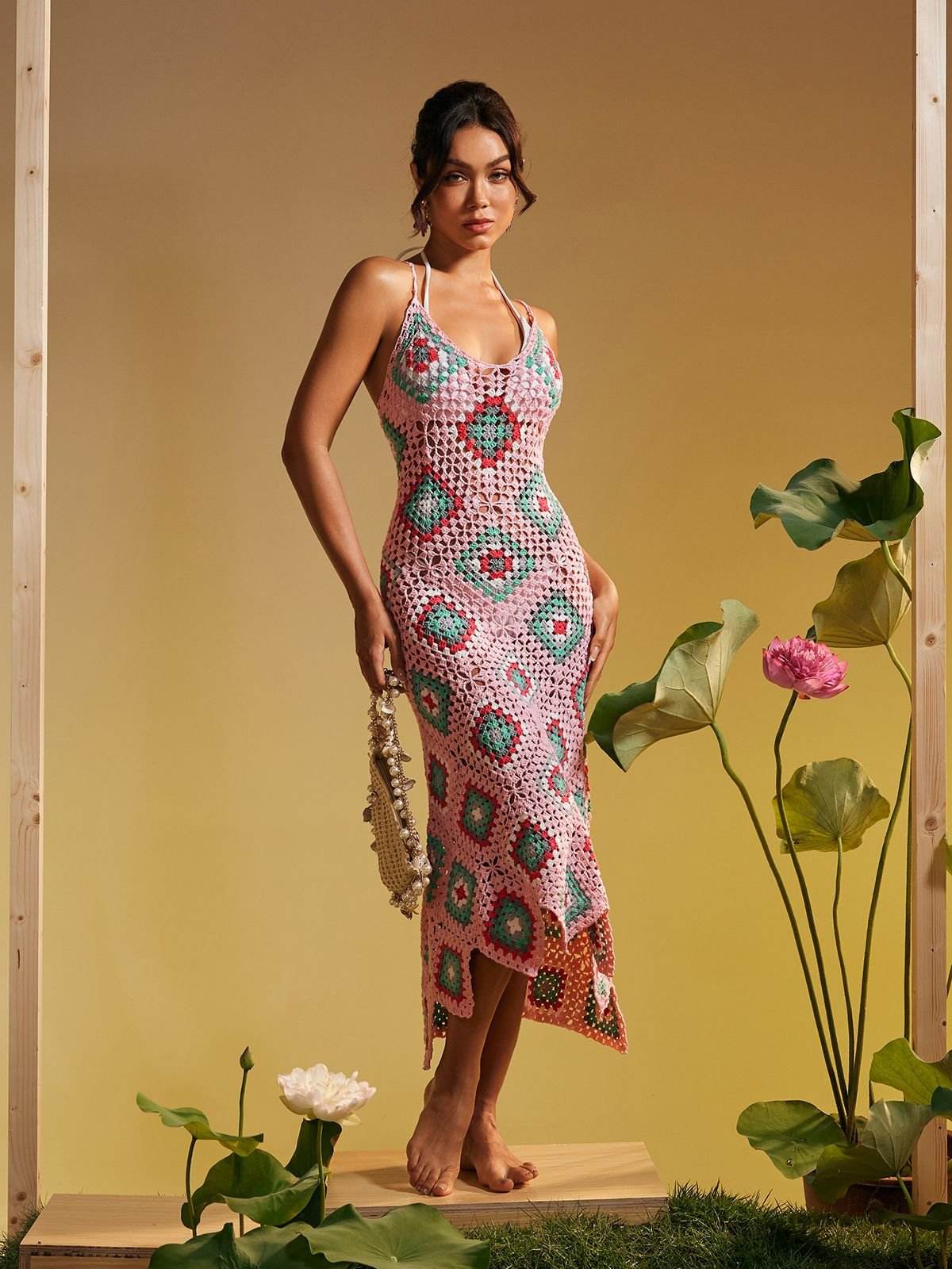 Open Back Hollow Knitted Midi Dress - REBECATHELABEL