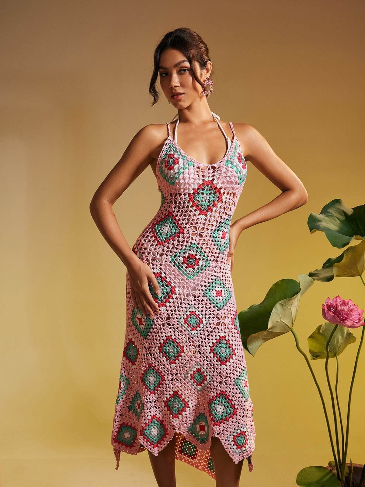 Open Back Hollow Knitted Midi Dress - REBECATHELABEL