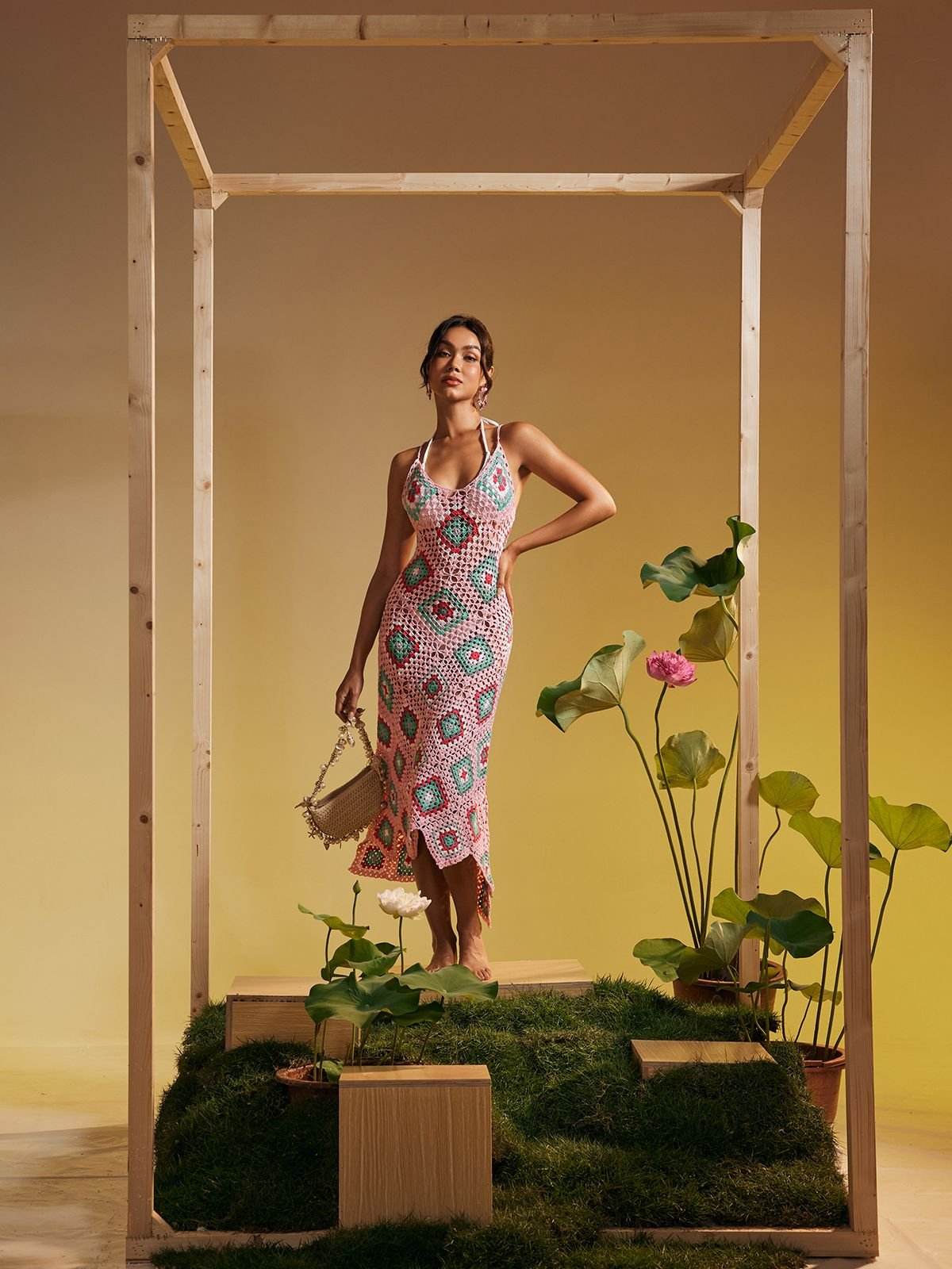 Open Back Hollow Knitted Midi Dress - REBECATHELABEL