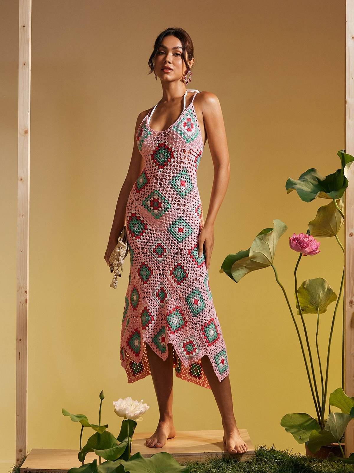 Open Back Hollow Knitted Midi Dress - REBECATHELABEL