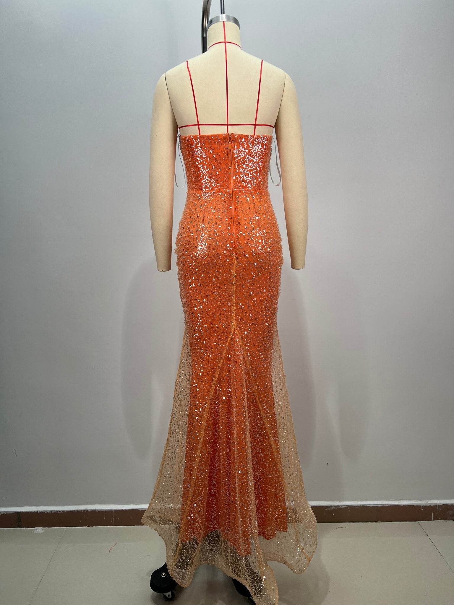 Orange Mermaid Shiny Beading dress - REBECATHELABEL