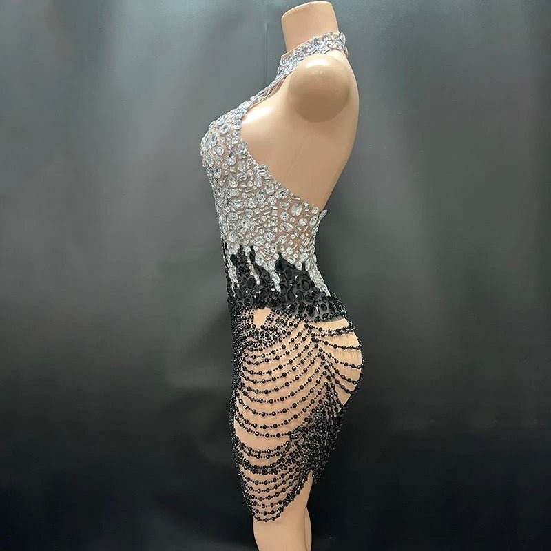 Patchwork Rhinestone Wrapped Mini Dress - REBECATHELABEL