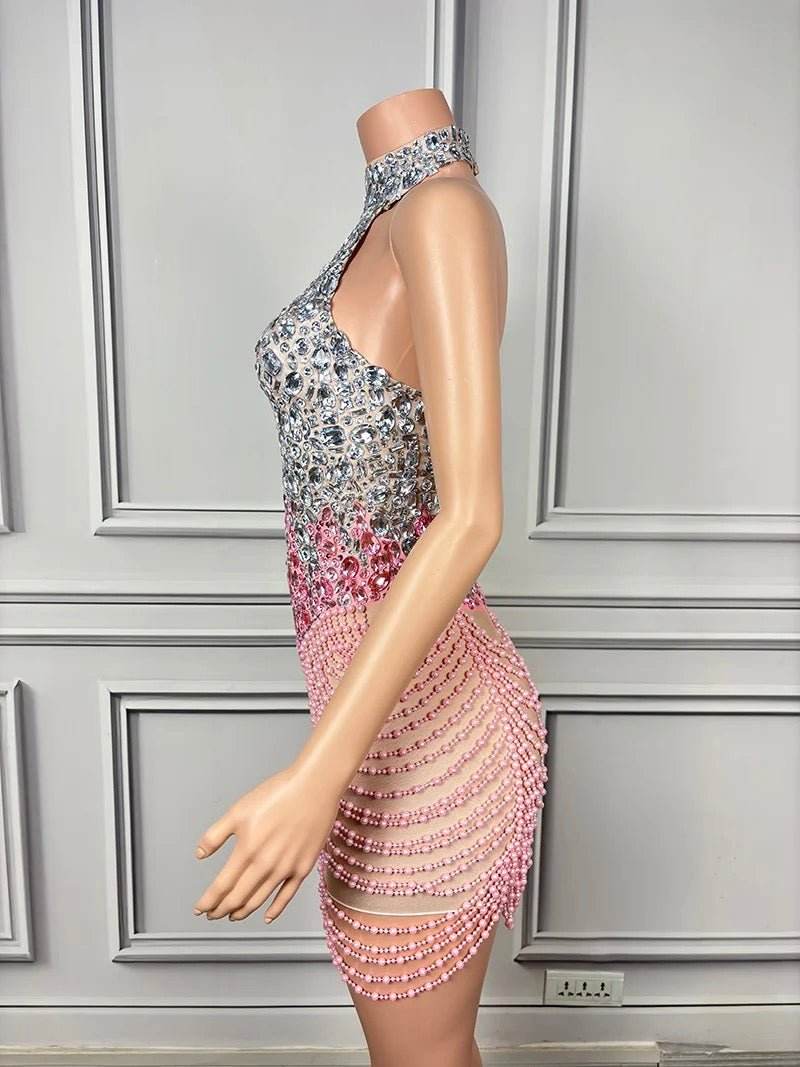 Patchwork Rhinestone Wrapped Mini Dress - REBECATHELABEL