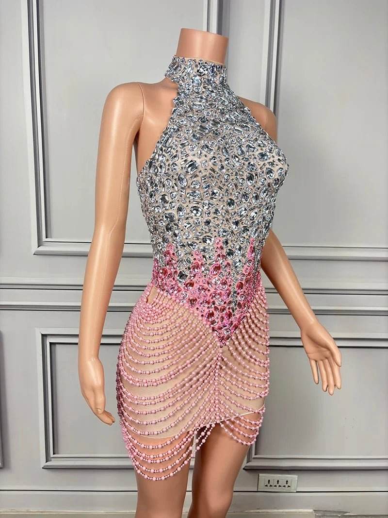 Patchwork Rhinestone Wrapped Mini Dress - REBECATHELABEL