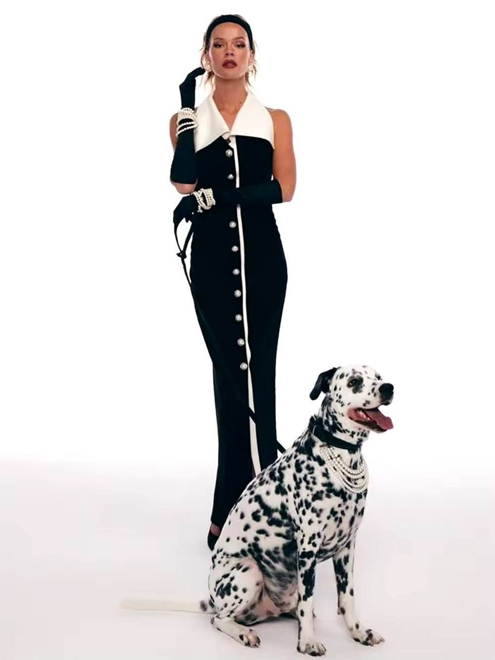 Pearl Button Backless Black Tight Maxi Dress - REBECATHELABEL