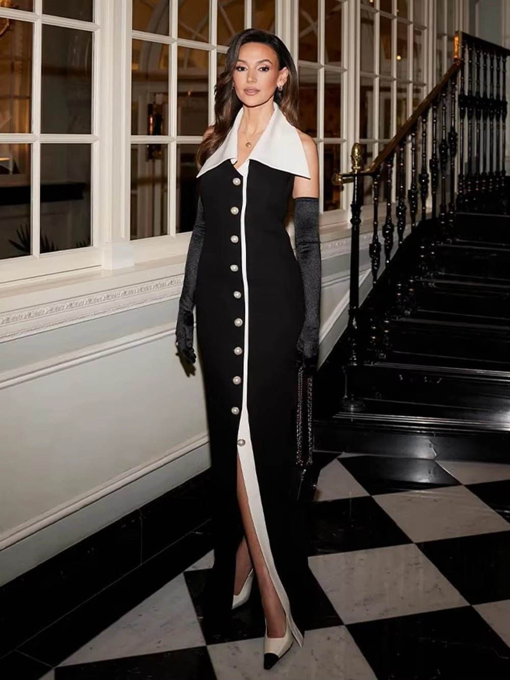 Pearl Button Backless Black Tight Maxi Dress - REBECATHELABEL