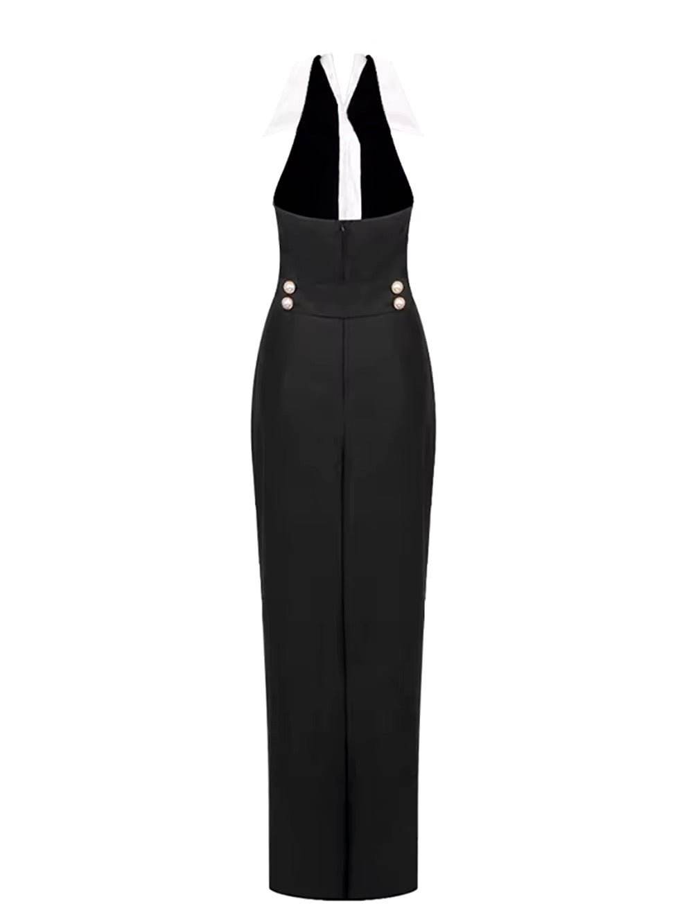 Pearl Button Backless Black Tight Maxi Dress - REBECATHELABEL