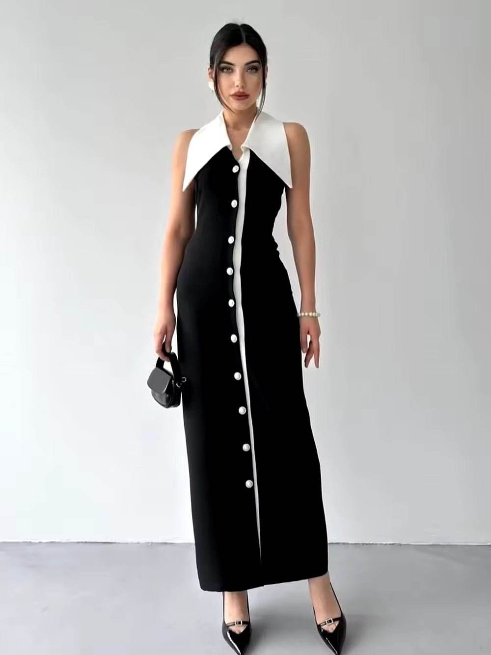 Pearl Button Backless Black Tight Maxi Dress - REBECATHELABEL