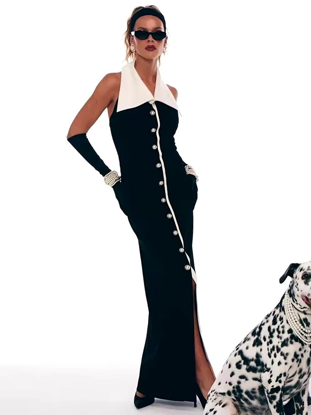 Pearl Button Backless Black Tight Maxi Dress - REBECATHELABEL