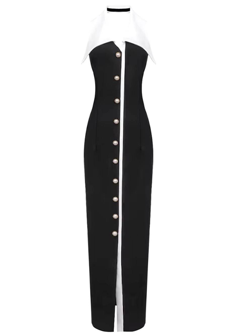 Pearl Button Backless Black Tight Maxi Dress - REBECATHELABEL