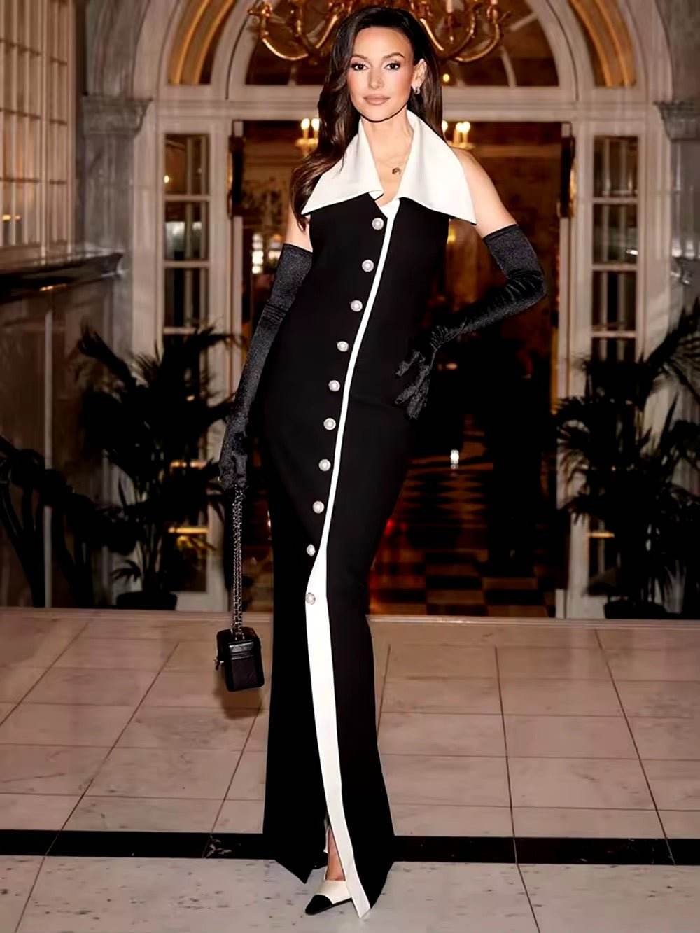 Pearl Button Backless Black Tight Maxi Dress - REBECATHELABEL