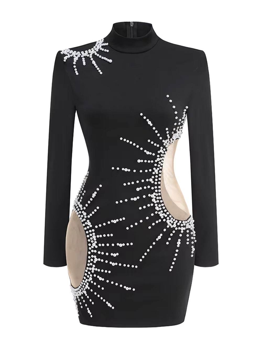 Pearl Mesh Turtleneck Black Mini Bodycon Dress - REBECATHELABEL