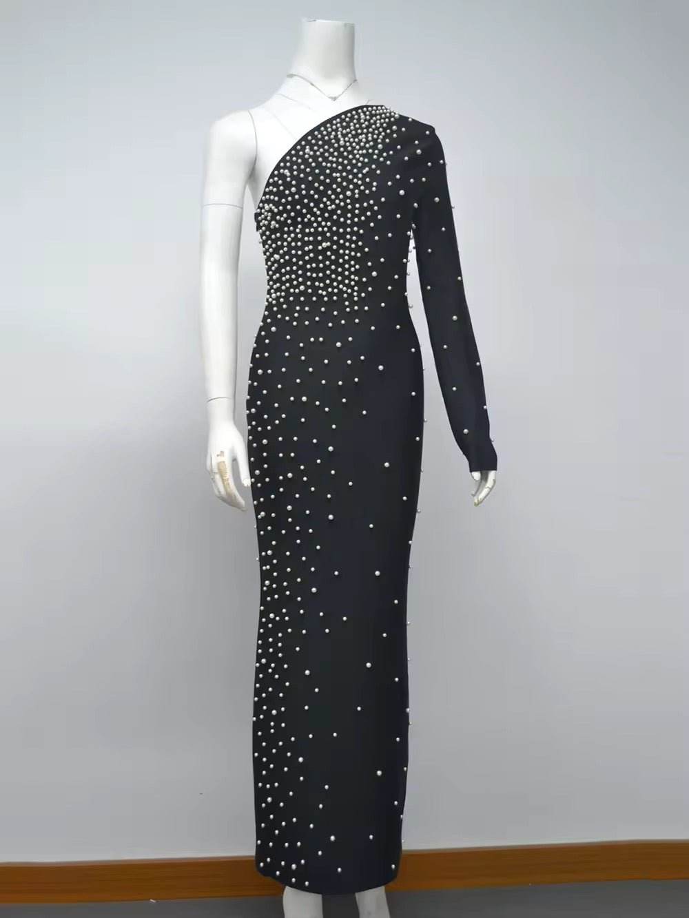 Pearl One Shoulder Long Sleeve Bandage Maxi Dress - REBECATHELABEL