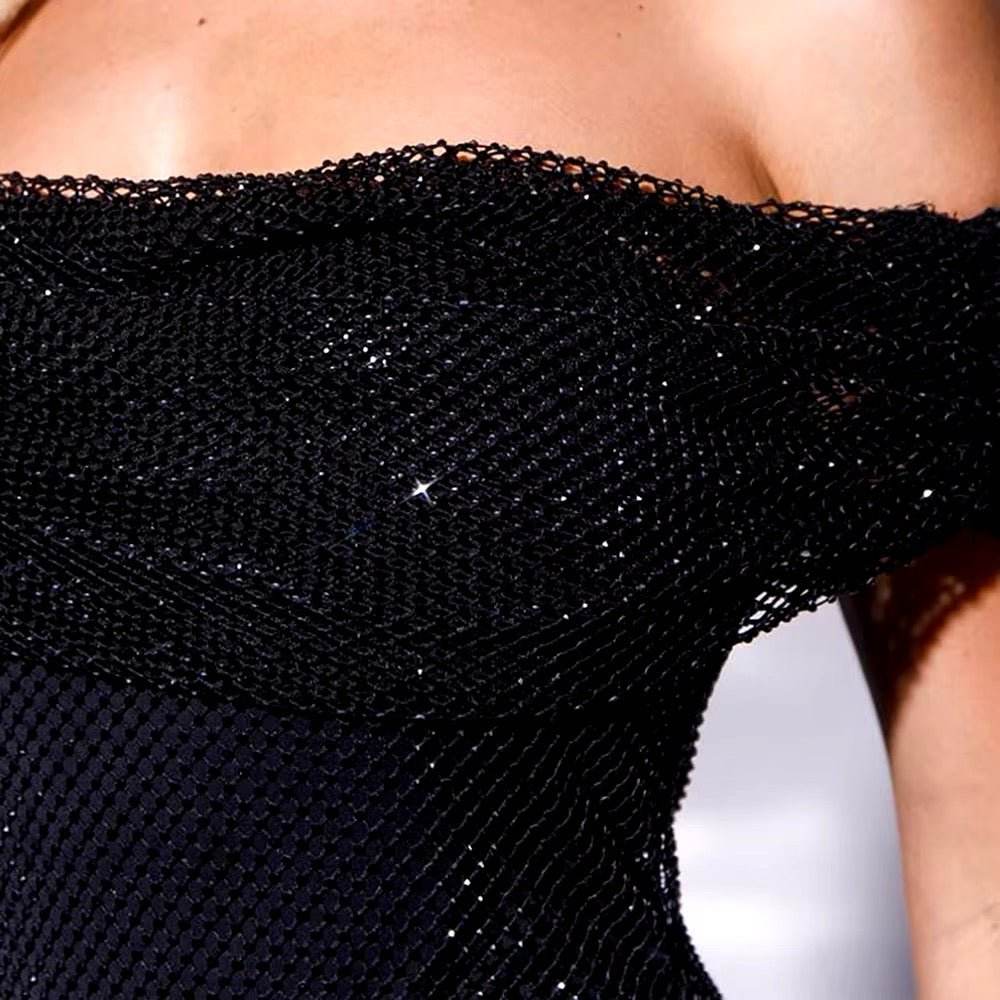 Perspective Mesh Diamond Off shoulder mini Dress - REBECATHELABEL