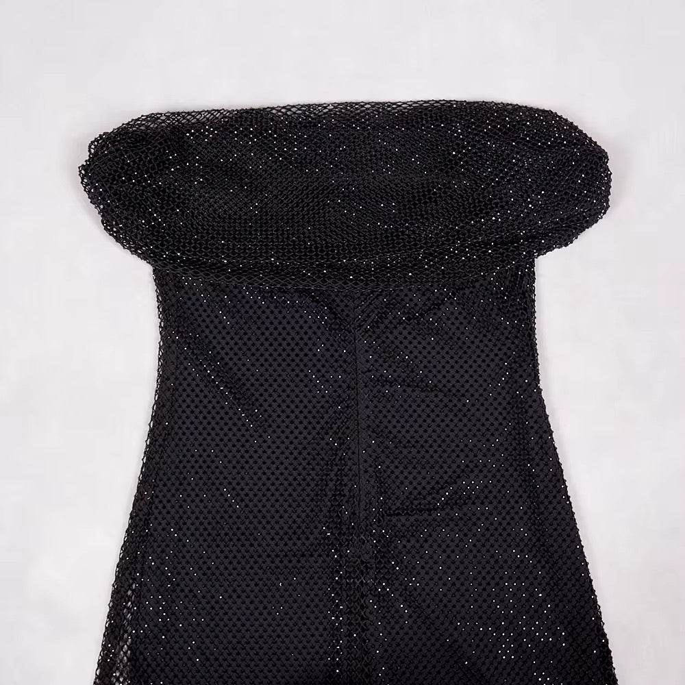 Perspective Mesh Diamond Off shoulder mini Dress - REBECATHELABEL