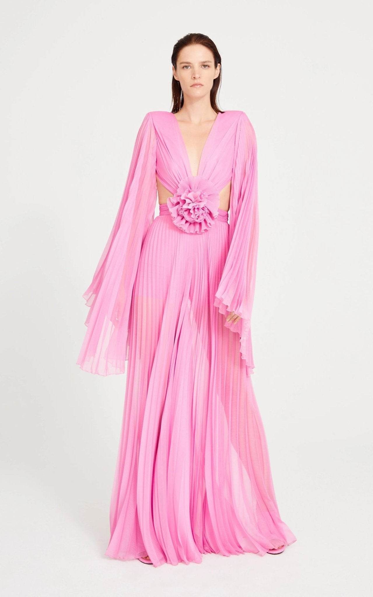 Pink 3D Flower V-Neck Pleated Design Evening jumpsuit - REBECATHELABEL