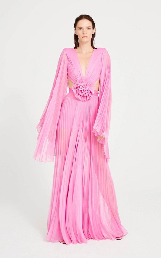 Pink 3D Flower V-Neck Pleated Design Evening jumpsuit - REBECATHELABEL