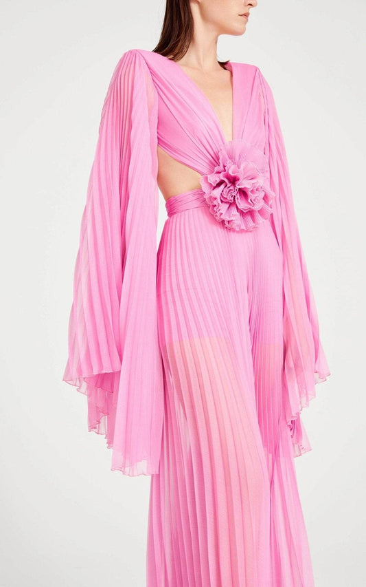 Pink 3D Flower V-Neck Pleated Design Evening jumpsuit - REBECATHELABEL