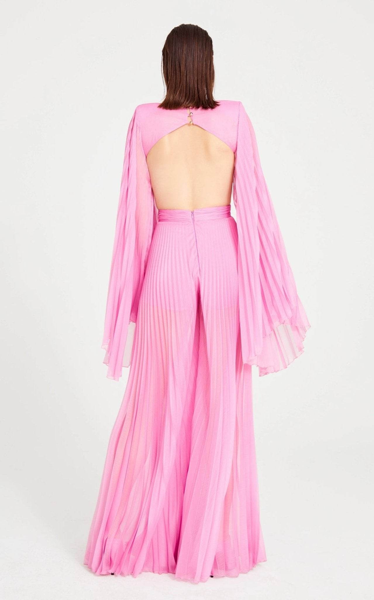 Pink 3D Flower V-Neck Pleated Design Evening jumpsuit - REBECATHELABEL