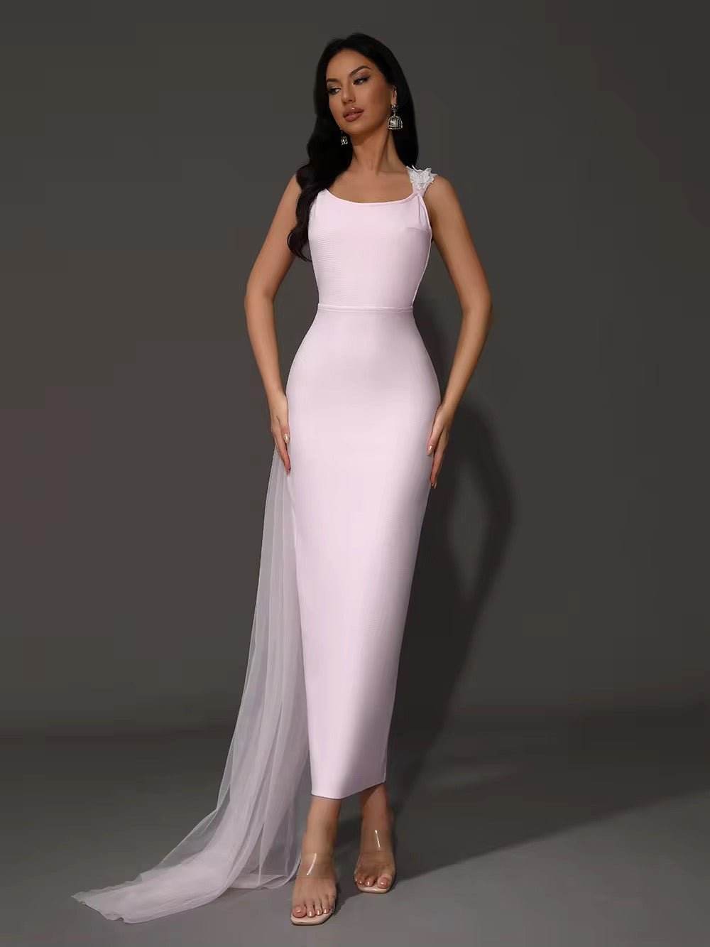 Pink A Line Draped Party Maxi Bandage Dress - REBECATHELABEL