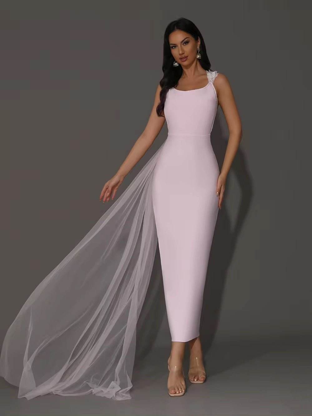 Pink A Line Draped Party Maxi Bandage Dress - REBECATHELABEL