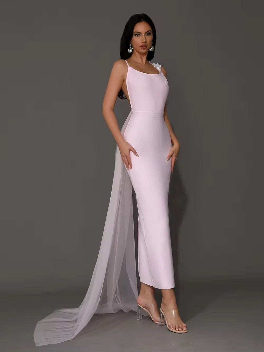 Pink A Line Draped Party Maxi Bandage Dress - REBECATHELABEL