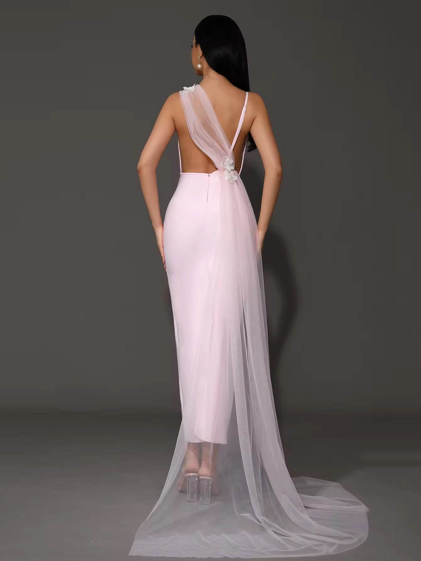 Pink A Line Draped Party Maxi Bandage Dress - REBECATHELABEL