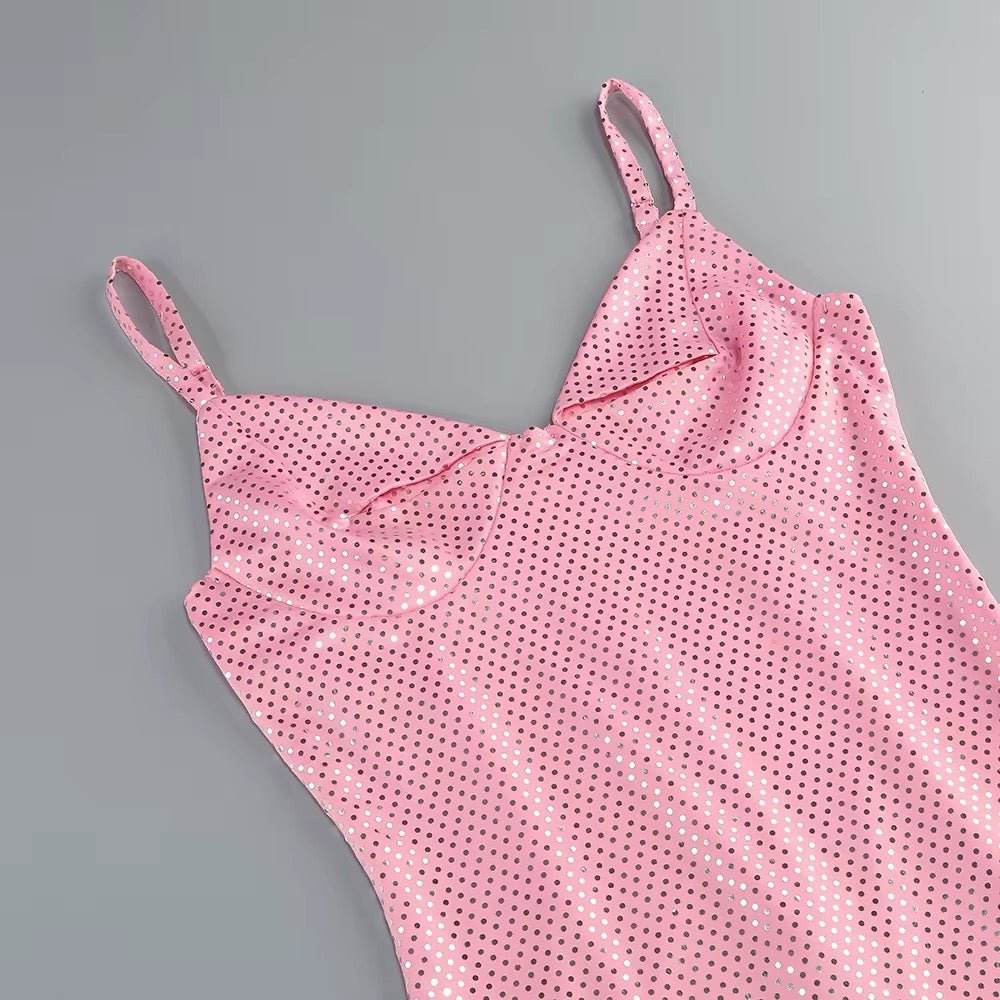 Pink Dots Glitter Spaghetti Strap Backless dress - REBECATHELABEL