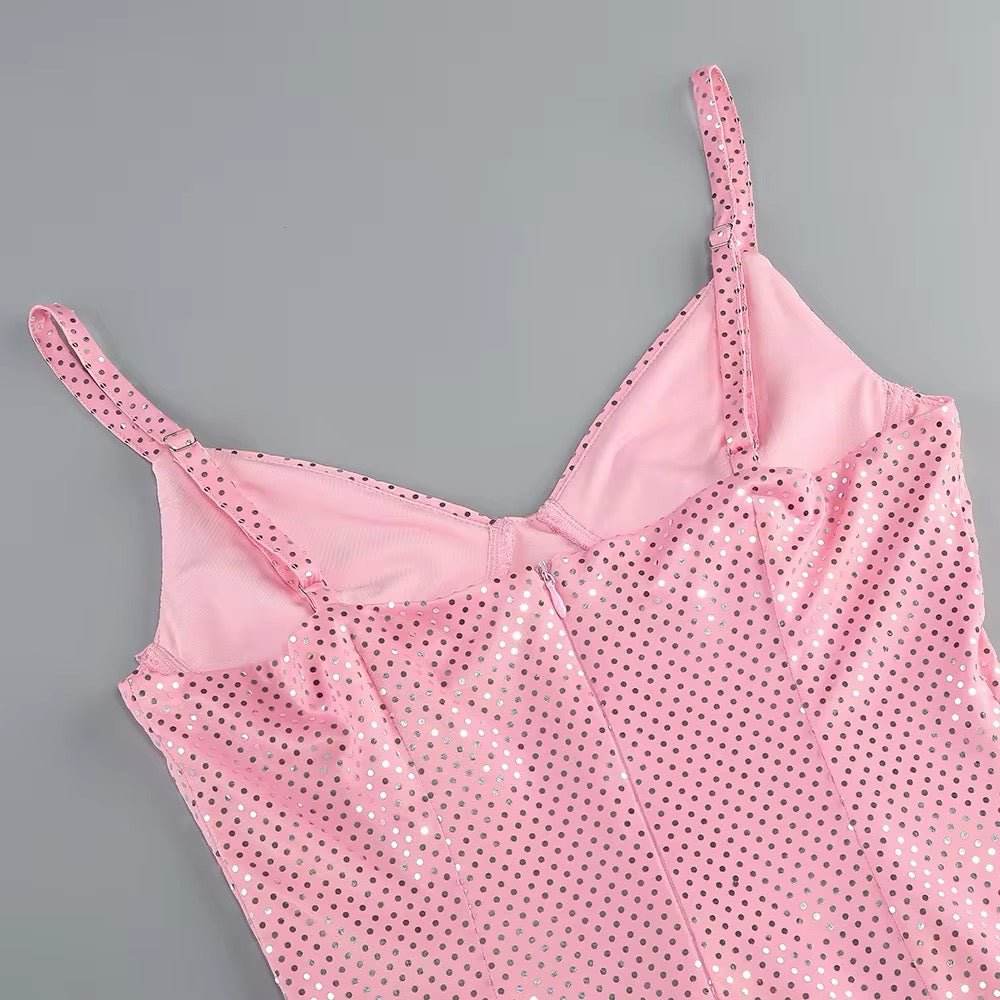 Pink Dots Glitter Spaghetti Strap Backless dress - REBECATHELABEL