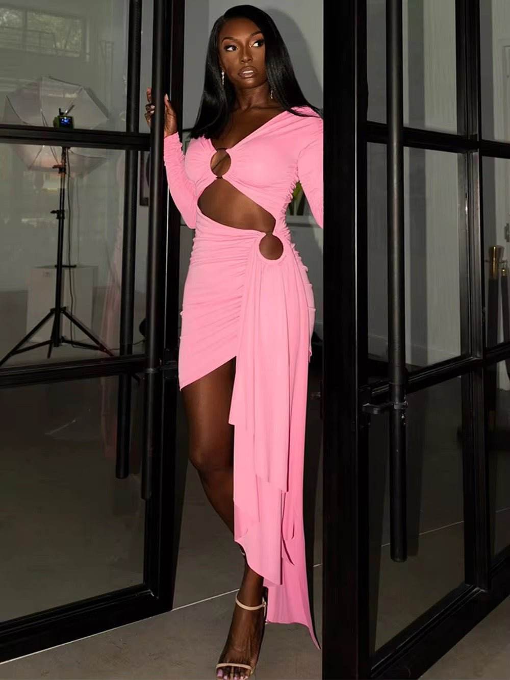 Pink Hollow Out Long Sleeved Tight dress - REBECATHELABEL