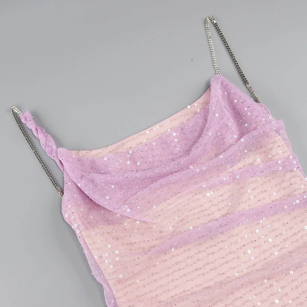 Pink Sexy Backless Sparkling Diamond Chain Tight Moxi Dress - REBECATHELABEL