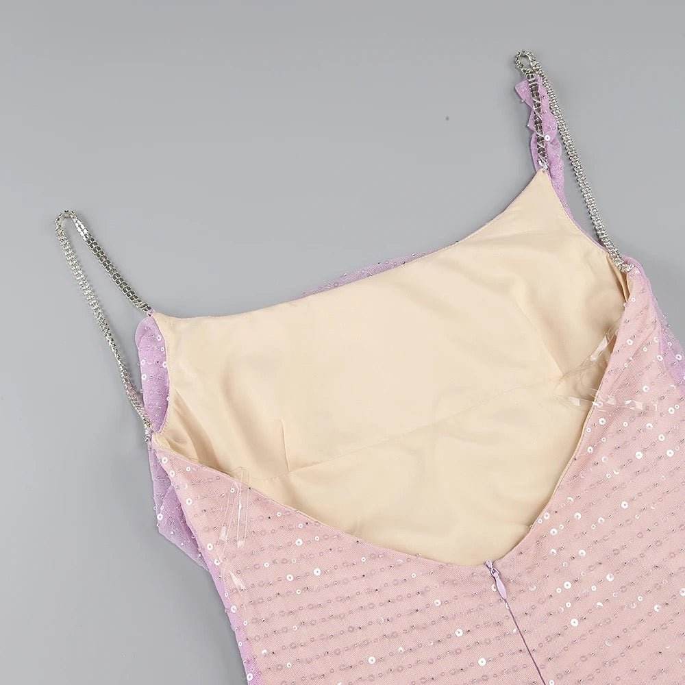 Pink Sexy Backless Sparkling Diamond Chain Tight Moxi Dress - REBECATHELABEL