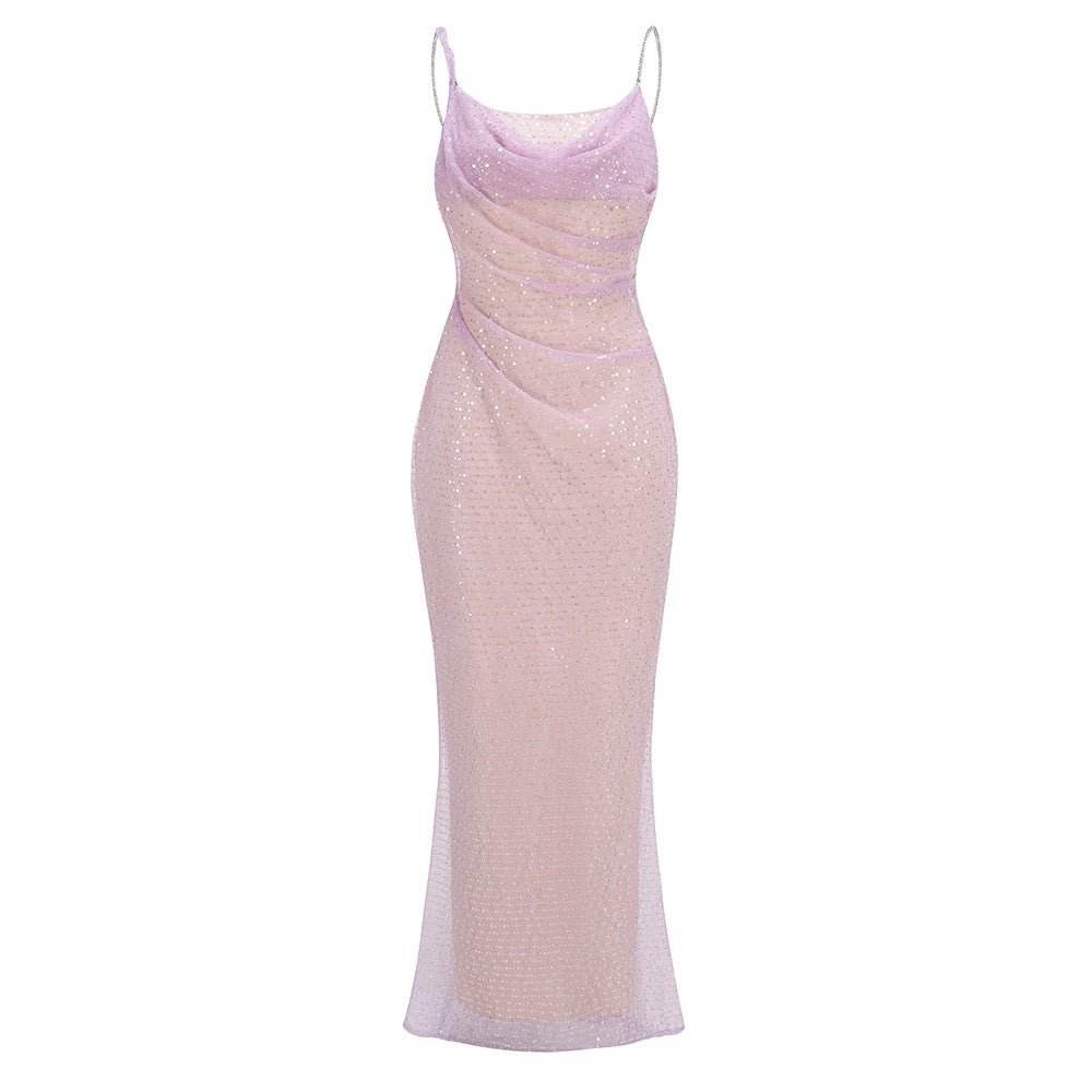 Pink Sexy Backless Sparkling Diamond Chain Tight Moxi Dress - REBECATHELABEL