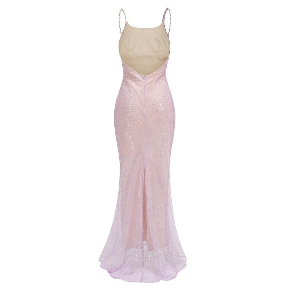 Pink Sexy Backless Sparkling Diamond Chain Tight Moxi Dress - REBECATHELABEL