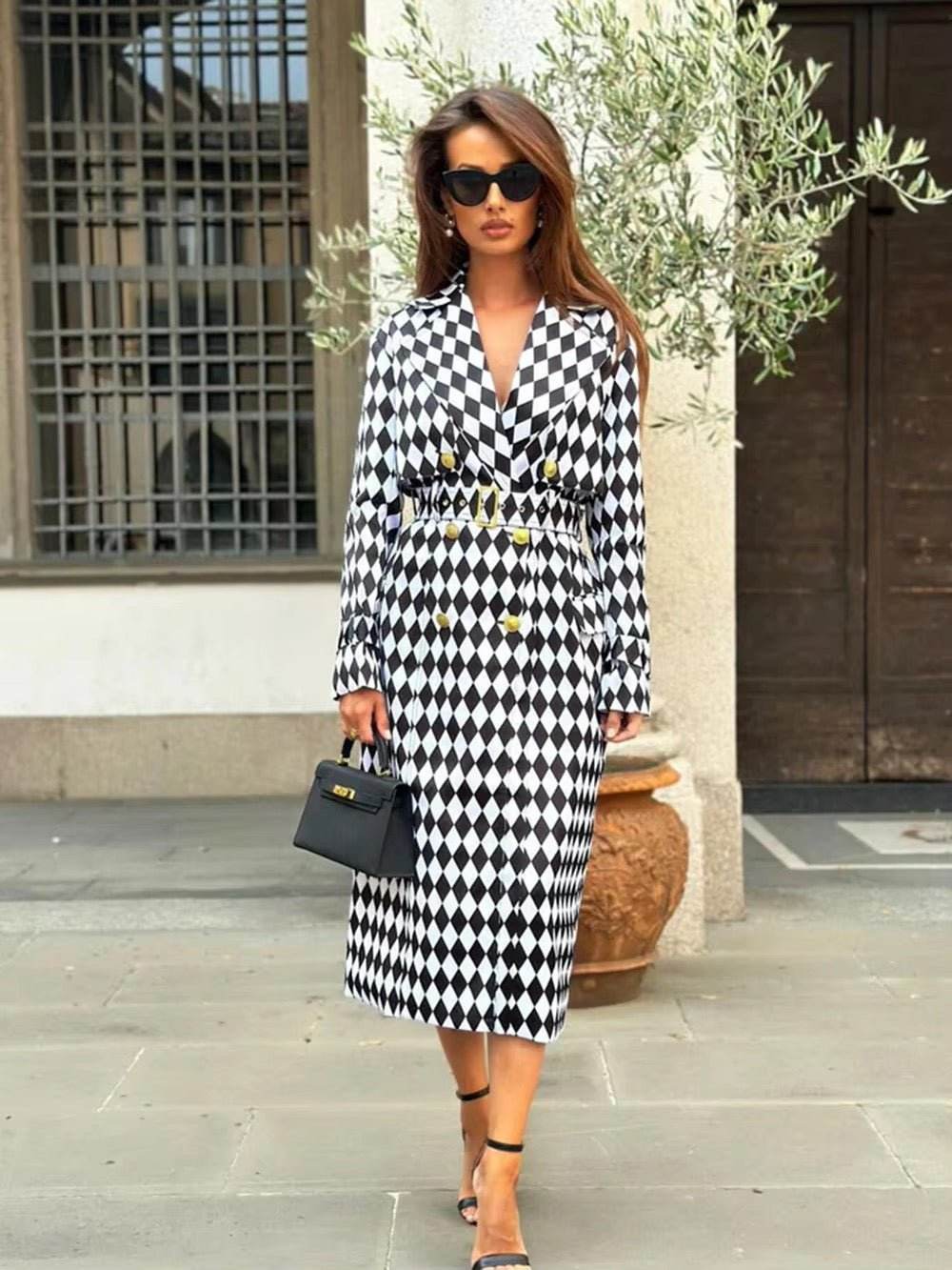 Plaid Windbreaker Streetwear Double Breasted Long Trench Coat - REBECATHELABEL