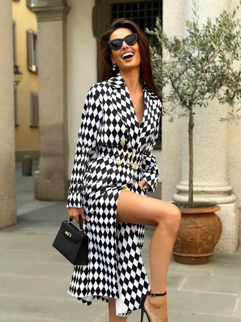 Plaid Windbreaker Streetwear Double Breasted Long Trench Coat - REBECATHELABEL