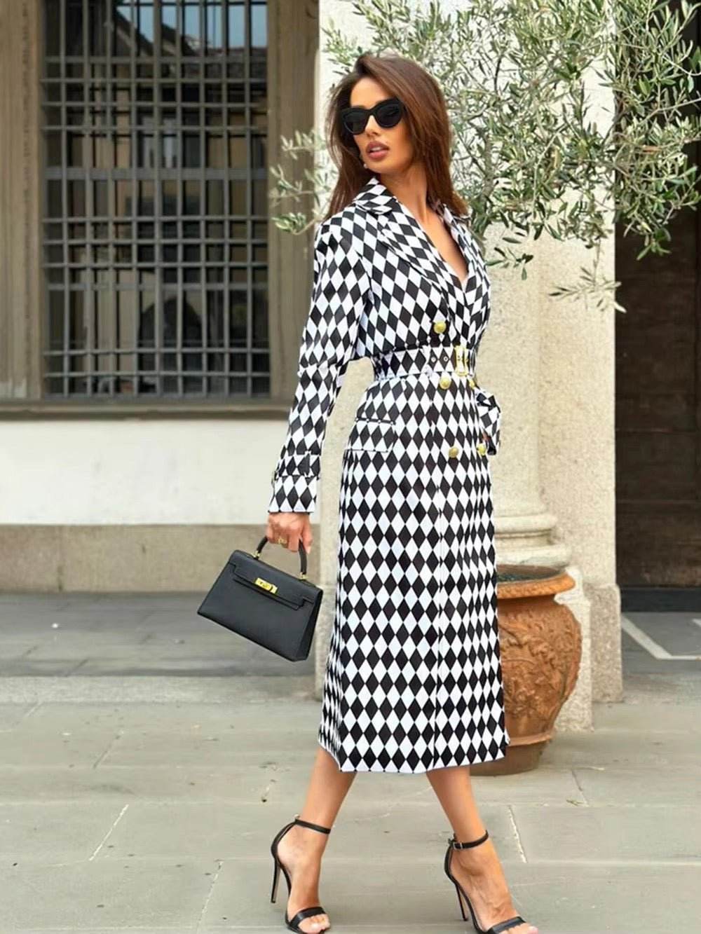 Plaid Windbreaker Streetwear Double Breasted Long Trench Coat - REBECATHELABEL
