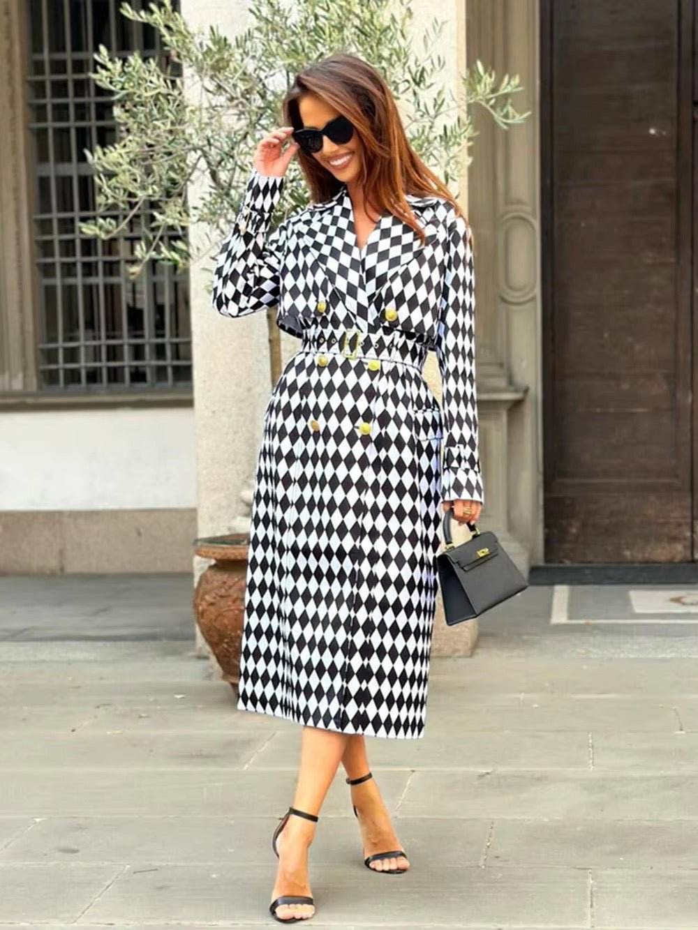 Plaid Windbreaker Streetwear Double Breasted Long Trench Coat - REBECATHELABEL