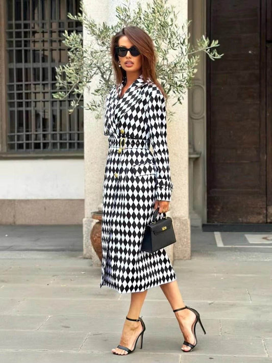 Plaid Windbreaker Streetwear Double Breasted Long Trench Coat - REBECATHELABEL