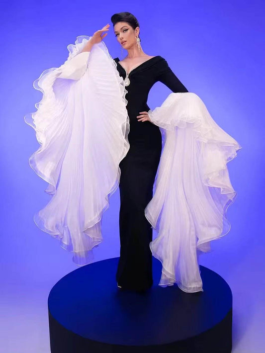 Pleated Floor Long Sleeved Off The Shoulder Diamond Tight Bandages Maxi Dress - REBECATHELABEL