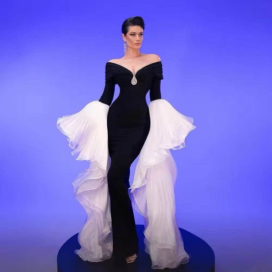 Pleated Floor Long Sleeved Off The Shoulder Diamond Tight Bandages Maxi Dress - REBECATHELABEL